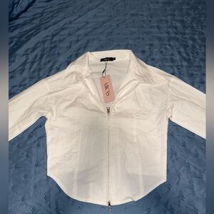 Zip Up Collar Curved Hem Long Sleeve (white)